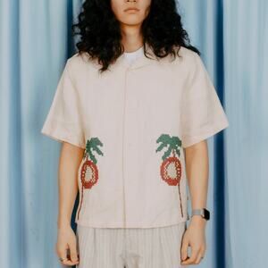 Far Afield Veloso Short Sleeve Bahia Sunset Shirt 4 NEW Embroidered Linen Button